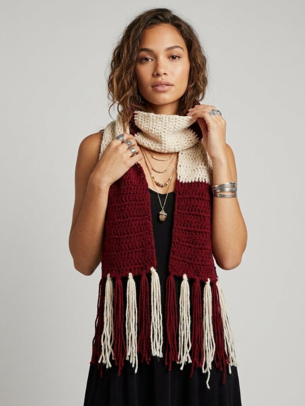 Burgundy Cream Colorblock Chunky Knit Long Scarf Fringe Hem Boho Winter Wrap